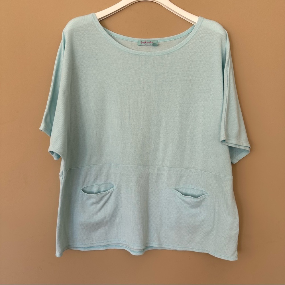 Fresh Produce Women L Lagenlook Boxy Top Slub Pockets Baby Blue USA Comfortable